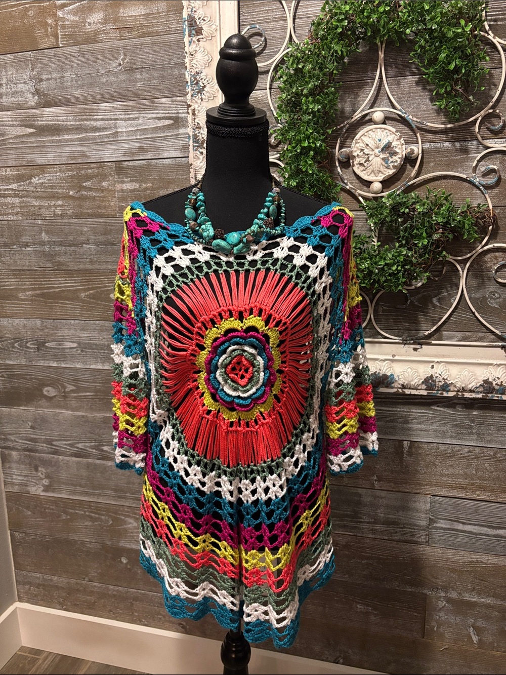 Boho Women’s (Size M/L) Crochet Multicolor Tunic Top with Coral Medallion